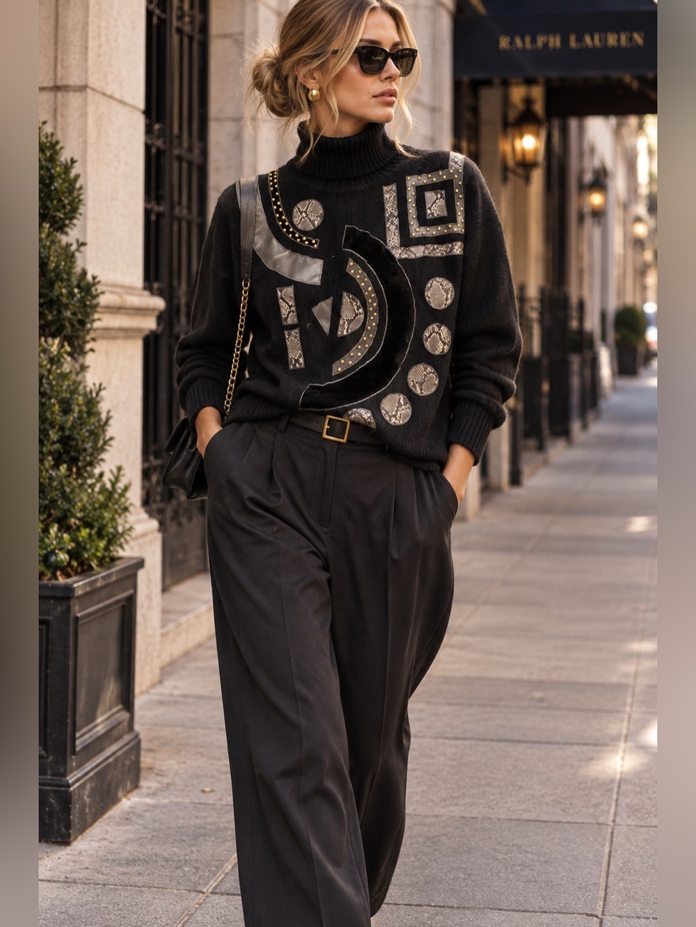 Vintage 80s 90s Kent Design Silk Angora Sweater L Black Geometric Hong Kong